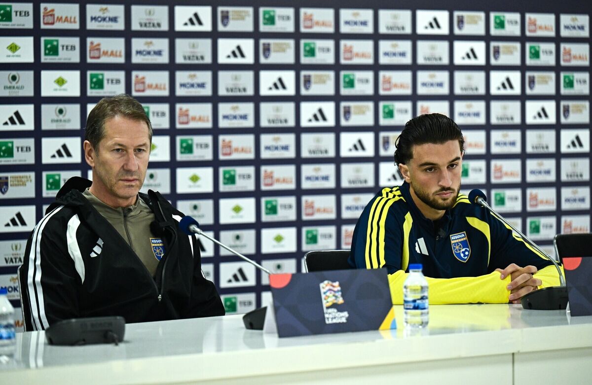 Foda, left, and Leon Avdullahu during the Kosovo Media Conference at Fadil Vokrri Stadium in Pristina, Kosovo. Pic: Ben McShane/Sportsfile