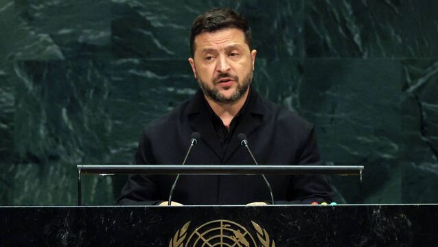 <p>Ukraine's president Volodymyr Zelenskyy speaks during the 81st session of the United Nations (U.N.) General Assembly Picture: Spencer Platt/Getty</p>