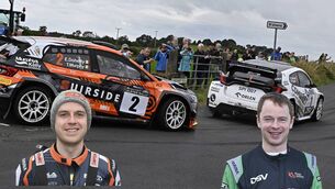<p>Monaghan's Josh Moffett (Toyota GR Yaris Rally2), right, and Kilkenny's Eddie Doherty (Skoda Fabia RS Rally2) will battle for the Fisher Perpetual Trophy for the Irish Tarmac Rally Championship that will be decided on this weekend's MRF Tyres Cork 20 Rally. Picture: Martin Walsh.</p>