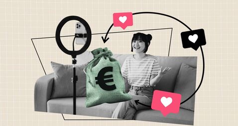Art sketch 3d image full collage of happy girl sit sofa streaming phone blogging heart notification dollar bag money income