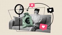 Art sketch 3d image full collage of happy girl sit sofa streaming phone blogging heart notification dollar bag money income
