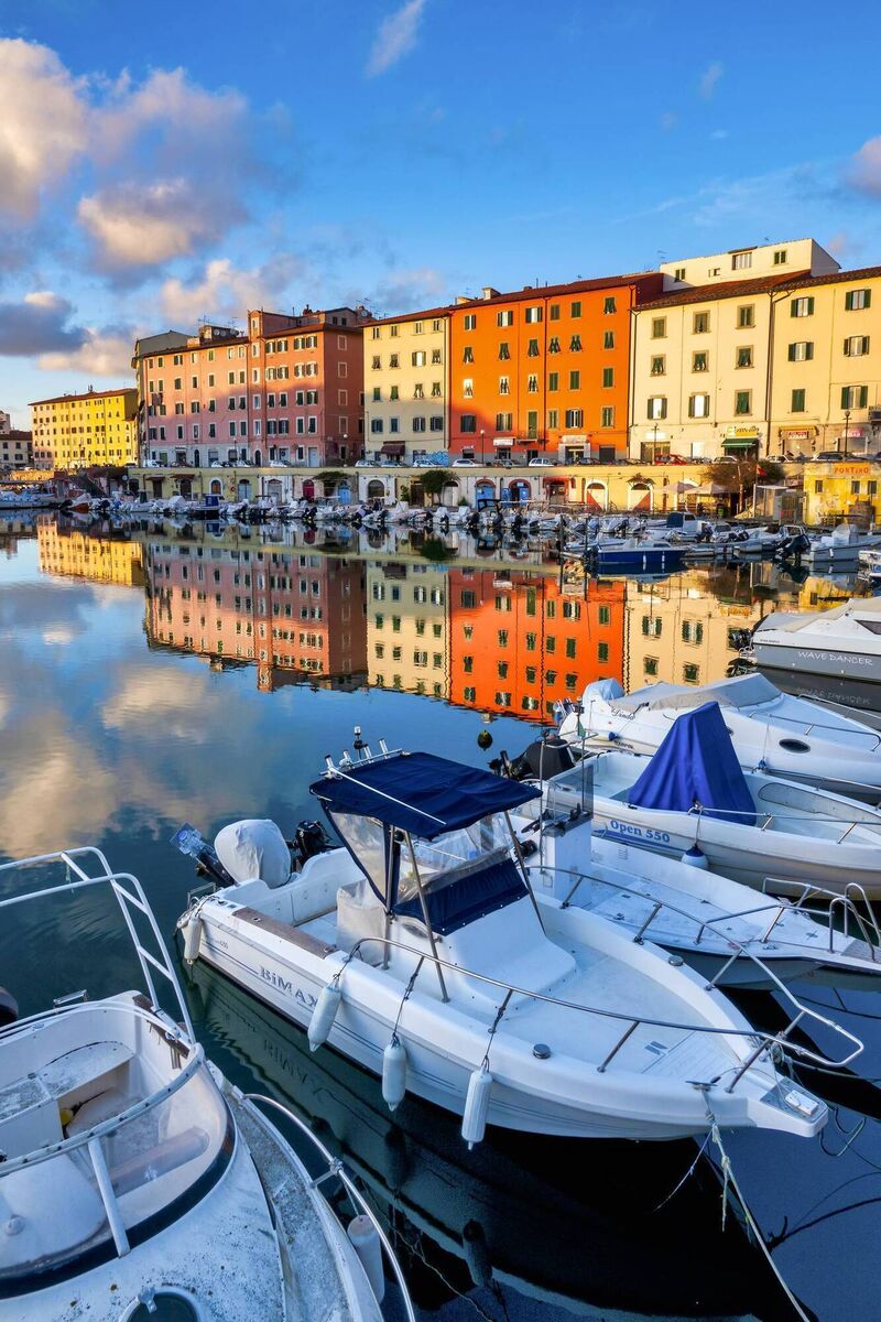 Sunset over the Fosso Reale in Via Scali delle Cantine, Livorno, Italy