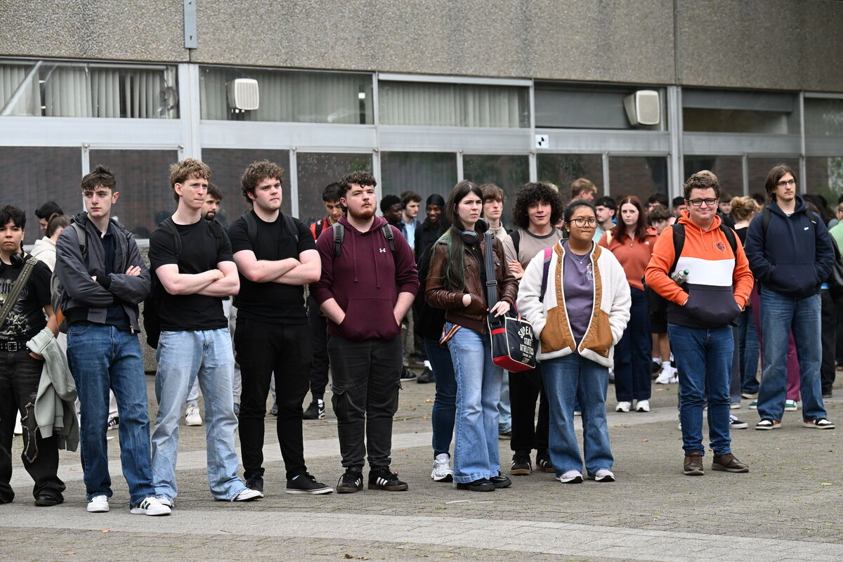 Students listening to speakers after the walk-out. Picture: Larry Cummins Students listening to speakers after the walk-out. Picture: Larry Cummins