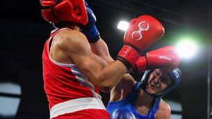 <p>Michaela Walsh (blue) defeats Stanimira Petrova  of Bulgaria earlier this week in the European Elite Boxing Championships. Pic: INPHO/Vassil Donev</p>
