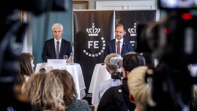 <p>Denmark's defence minister Jeppe Bruus and the chief of the Defense Intelligence Service Thomas Ahrenkiel hold a press conference in connection with the release of a new Defense Intelligence Service assessment of the threat from Russia at the Commandant's House at Kastellet in Copenhagen, Denmark, on September 24, 2026. Picture: Ida Marie Odgaard / Ritzau Scanpix / AFP via Getty Images</p>