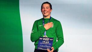 <p>Lisa O'Rourke of Ireland celebrates with her gold medal following her victory over Anastasiia Demurchia of Russia in their Women's 80kg final at the European Boxing Elite Championships at Asics Arena, Sofia. Pic: Nikola Krstic/Sportsfile</p>