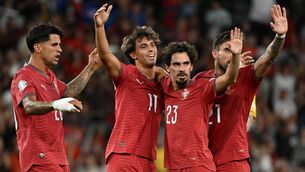 <p>Joao Felix (second left) celebrates scoring for Portugal. Pic: Zed Jameson/PA</p>