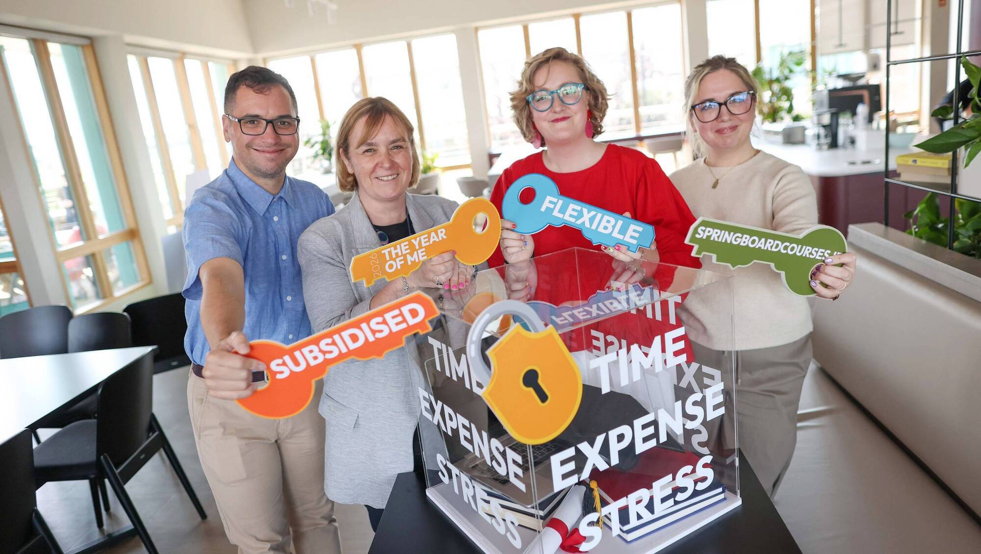 Dr Vivienne Patterson (second left), head of skills and Engagement at the Higher Education Authority, joins Springboard+ learners Elton Rocha, Megan Killeen and Shelley Coleman to highlight new research showing that affordability, stress and uncertainty about making the wrong career choice remain significant barriers to upskilling for many adults in Ireland. 