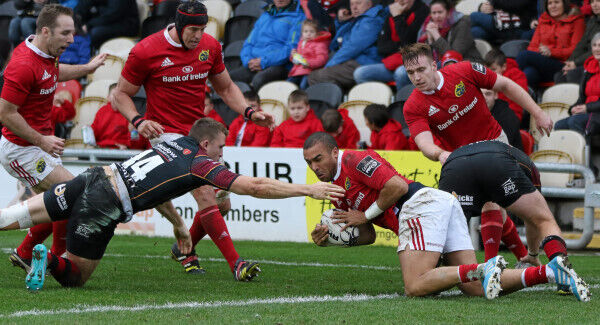 Simon Zebo, Munster, is tackled by Tom Prydie, Newport Gwent Dragons, as he goes over for a try which was subsequently disallowed. Picture: Sportsfile