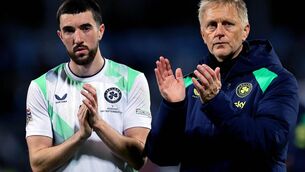<p>Ireland head coach Heimir Hallgrímsson, and Finn Azaz, after defeat in Kosovo. Pic: INPHO/Ryan Byrne</p>
