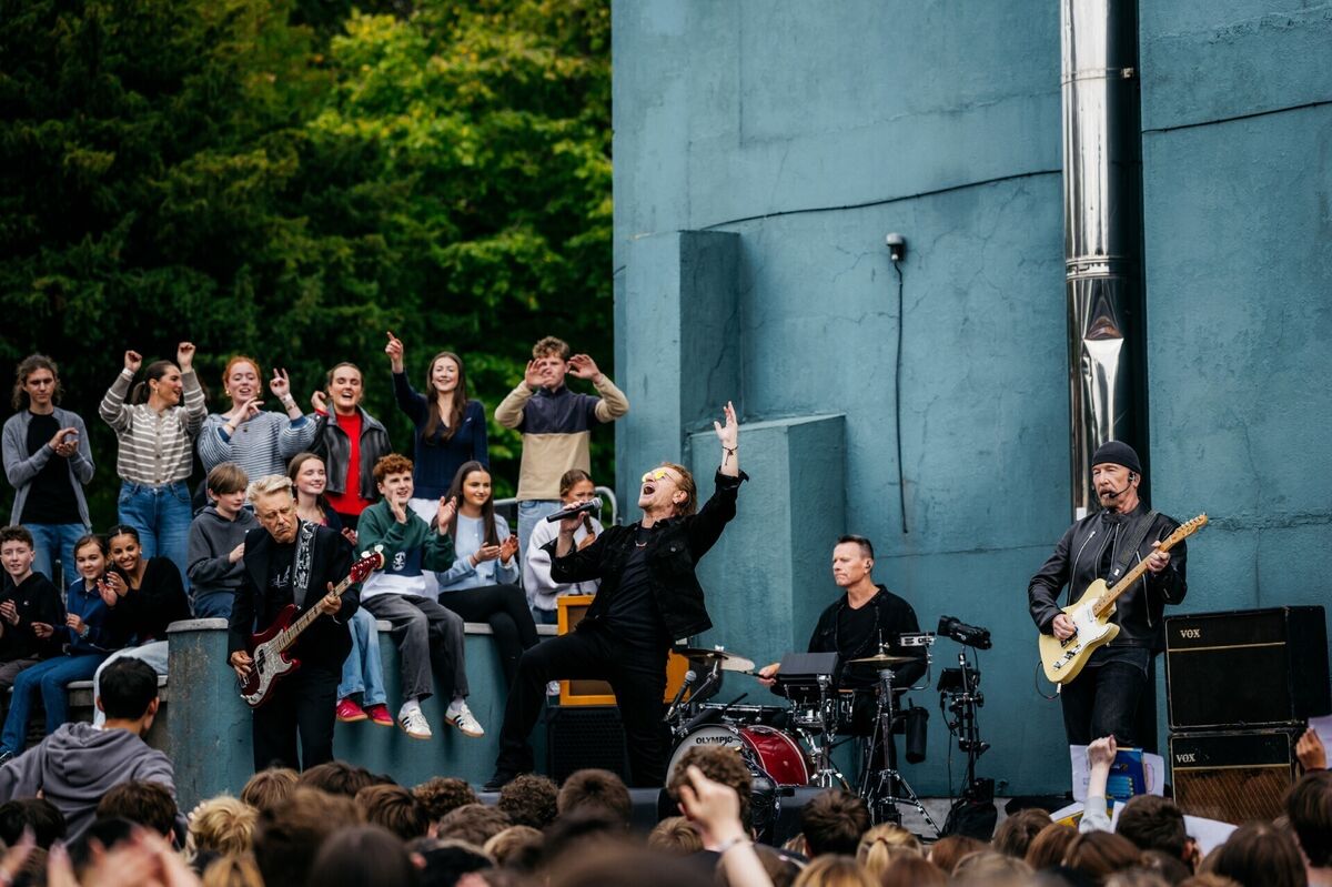 U2 during a performance to 1000 students and staff from their old school at Mount Temple Comprehensive School in Dublin. Picture: Rich Fury/U2/LHP/PA Wire