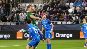 <p>Tommy Lonergan gave the Ireland U21s and early lead against Slovakia. Pic: ©INPHO/Aleksandar Djorovic</p> <p>Tommy Lonergan gave the Ireland U21s and early lead against Slovakia. Pic: ©INPHO/Aleksandar Djorovic</p>