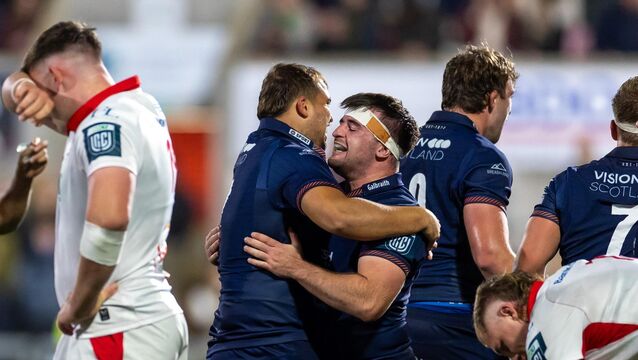<p>Edinburgh’s Jerry Blyth-Lafferty celebrates the final whistle with team mates. Pic: Morgan Treacy/Inpho</p>
