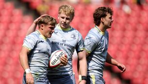 <p>Fintan Gunne of Leinster celebrates with teammates Andrew Osborne and Todd Lawlor. Pic: Shaun Roy/Sportsfile</p> <p>Fintan Gunne of Leinster celebrates with teammates Andrew Osborne and Todd Lawlor. Pic: Shaun Roy/Sportsfile</p>
