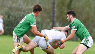 <p> St Michael's Rory Kavanagh is tackled by Ballincollig's Ben O'Connell and Dara Dorgan during their Premier SFC relegation play-off match at Ovens. Picture: David Keane.</p> <p> St Michael's Rory Kavanagh is tackled by Ballincollig's Ben O'Connell and Dara Dorgan during their Premier SFC relegation play-off match at Ovens. Picture: David Keane.</p>