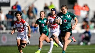 <p>RECORD SETTER: Béibhinn Parsons on the way to becoming Ireland's record try scorer during the WXV Global Series match against Japan at Dexcom Stadium. Pic: Paul Phelan/Sportsfile</p>