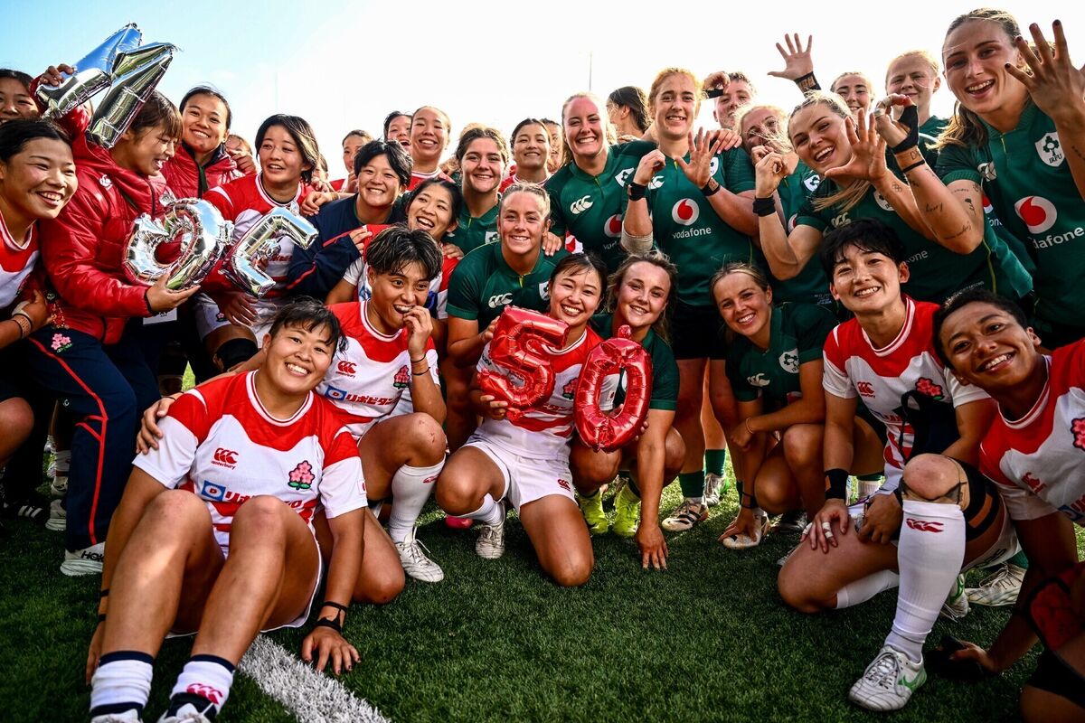 Japanese and Irish players together after the WXV Global Series match between Ireland and Japan at Dexcom Stadium in Galway. Pic: Shauna Clinton/Sportsfile Japanese and Irish players together after the WXV Global Series match between Ireland and Japan at Dexcom Stadium in Galway. Pic: Shauna Clinton/Sportsfile