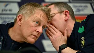 <p>BEHIND CLOSED DOORS: Republic of Ireland head coach Heimir Hallgrimsson, left, and FAI chief executive officer David Courell during Saturday's press conference at Nagyerdei Stadion in Debrecen, Hungary. Pic: Ben McShane/Sportsfile</p>