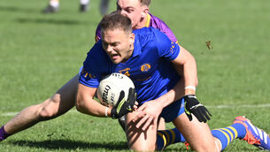 <p>St Finbarr's Steven Sherlock is tackled by Carbery's Peter Collins during the McCarthy Insurance Group PSFC quarter final at Clonakilty. Picture; Eddie O'Hare</p> <p>St Finbarr's Steven Sherlock is tackled by Carbery's Peter Collins during the McCarthy Insurance Group PSFC quarter final at Clonakilty. Picture; Eddie O'Hare</p>