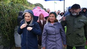 <p>First Minister Michelle O’Neill MLA (left) and Sinn Fein president Mary Lou McDonald (centre) at the Garvaghy road. Picture: Peter Morrison/PA</p>