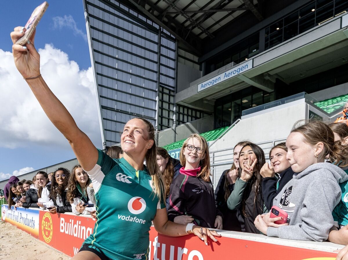 LOOKING UP: Ireland's Stacey Flood takes a selfie with fans. Pic: INPHO LOOKING UP: Ireland's Stacey Flood takes a selfie with fans. Pic: INPHO