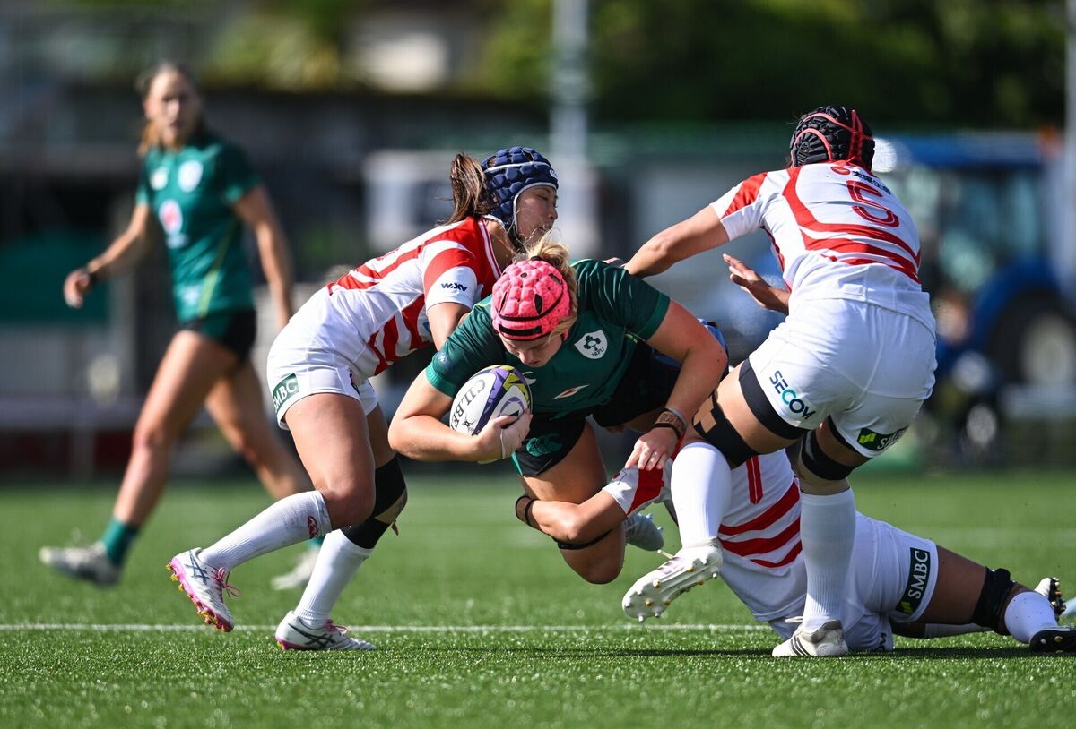 Dorothy Wall is tackled by Sawa Harada and Sakurako Korai of Japan. Pic: Paul Phelan/Sportsfile Dorothy Wall is tackled by Sawa Harada and Sakurako Korai of Japan. Pic: Paul Phelan/Sportsfile