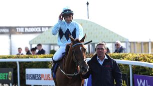 <p>Jockey Pierre-Louis Jamin after winning the Qatar Racing and Equestrian Club Renaissance Stakes with horse Soul Love at Curragh. Picture: Damien Eagers/PA</p>