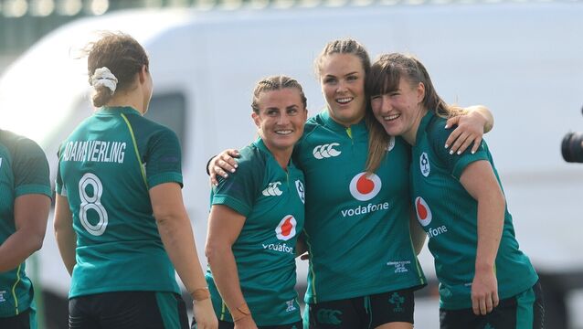 <p>ALL TOGETHER NOW: Ireland's Emily Lane, Béibhinn Parsons and Niamh Gallagher celebrate during the match against Japan in Galway's Dexcom Stadium.  Pic: INPHO/Bryan Keane</p>