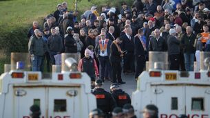 <p>Loyalist activist Jamie Bryson (centre) walks down to police lines as orange men gather near Drumcree Church as police form a barricade to prevent them entering the Garvaghy Road, where members of the Orange Order were due to take part in the first return parade on the road for almost 30 years. Picture: Peter Morrison/PA Wire</p> <p>Loyalist activist Jamie Bryson (centre) walks down to police lines as orange men gather near Drumcree Church as police form a barricade to prevent them entering the Garvaghy Road, where members of the Orange Order were due to take part in the first return parade on the road for almost 30 years. Picture: Peter Morrison/PA Wire</p>