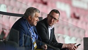 <p>POLITICAL FOOTBALL: FAI President Paul Cooke, left, and FAI chief executive officer David Courell at the Nations League B match between Israel and the Republic of Ireland at Nagyerdei Stadion in Debrecen, Hungary. Pic: Ben McShane/Sportsfile</p>