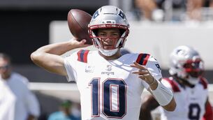 <p>Quarterback Drake Maye of the New England Patriots during warm ups prior to the game against the Jacksonville Jaguars at EverBank Stadium on September 27, 2026 in Jacksonville, Florida. (Photo by Don Juan Moore/Getty Images)</p> <p>Quarterback Drake Maye of the New England Patriots during warm ups prior to the game against the Jacksonville Jaguars at EverBank Stadium on September 27, 2026 in Jacksonville, Florida. (Photo by Don Juan Moore/Getty Images)</p>
