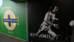 <p>A general view of an image of former Northern Ireland player Pat Jennings inside the tunnel at Windsor Park. Photo by Charles McQuillan/Getty Images)</p> <p>A general view of an image of former Northern Ireland player Pat Jennings inside the tunnel at Windsor Park. Photo by Charles McQuillan/Getty Images)</p>