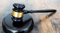 2BTEW92 close-up of judges gavel or auction hammer on wooden table