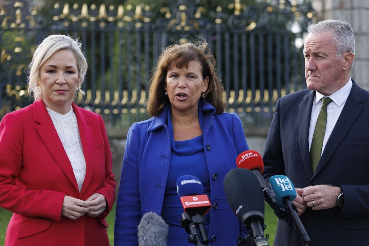 First Minister Michelle O'Neill (left), Sinn Féin president Mary Lou McDonald and Sinn Féin senator Conor Murphy speak to the media outside Hillsborough Castle following a meeting with Northern Ireland secretary Chris Bryant to discuss the Drumcree parading dispute. Picture: Liam McBurney/PA Wire First Minister Michelle O'Neill (left), Sinn Féin president Mary Lou McDonald and Sinn Féin senator Conor Murphy speak to the media outside Hillsborough Castle following a meeting with Northern Ireland secretary Chris Bryant to discuss the Drumcree parading dispute. Picture: Liam McBurney/PA Wire