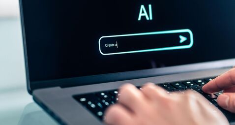 AI prompt chat bot. Search website to generate data, text or image. Man using computer with artificial intelligence app. Virtual