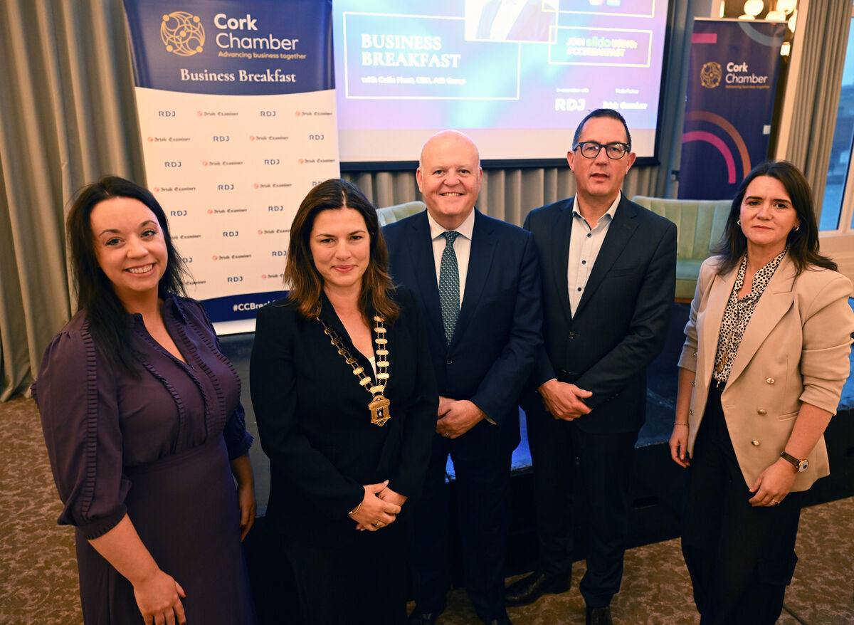 Aisling O'Donovan, of sponsors RDJ, Susie Horgan, President Cork Chamber, guest speaker Colin Hunt, CEO, AIB Group, Conor Healy, CEO, Cork Chamber and Karen O'Donoghue, MD, Irish Examiner & The Echo at the Cork Chamber Business Breakfast, in association with RDJ, and Irish Examiner, Media Partners at the Metropole Hotel, MacCurtain Street, Cork. Picture: Larry Cummins Aisling O'Donovan, of sponsors RDJ, Susie Horgan, President Cork Chamber, guest speaker Colin Hunt, CEO, AIB Group, Conor Healy, CEO, Cork Chamber and Karen O'Donoghue, MD, Irish Examiner & The Echo at the Cork Chamber Business Breakfast, in association with RDJ, and Irish Examiner, Media Partners at the Metropole Hotel, MacCurtain Street, Cork. Picture: Larry Cummins