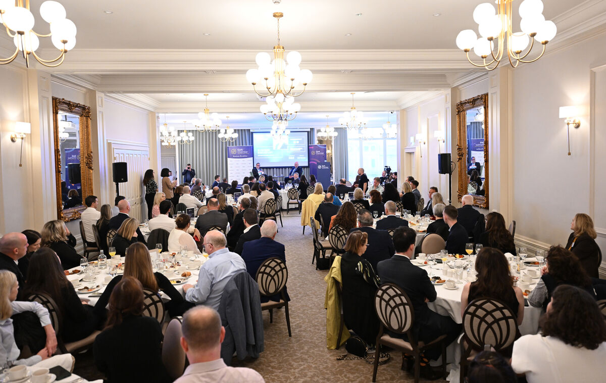 Guest speaker Colin Hunt, CEO, AIB Group in conversation with Conor Healy, CEO, Cork Chamber in front of a packed room at the Cork Chamber Business Breakfast, in association with RDJ, and Irish Examiner, Media Partners at the Metropole Hotel, MacCurtain Street, Cork. Picture: Larry Cummins Guest speaker Colin Hunt, CEO, AIB Group in conversation with Conor Healy, CEO, Cork Chamber in front of a packed room at the Cork Chamber Business Breakfast, in association with RDJ, and Irish Examiner, Media Partners at the Metropole Hotel, MacCurtain Street, Cork. Picture: Larry Cummins