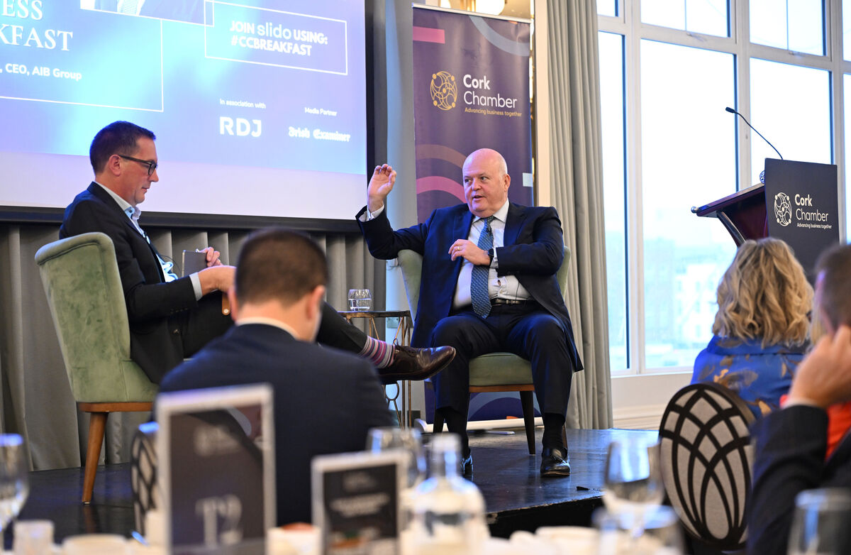 Guest speaker Colin Hunt, CEO, AIB Group in conversation with Conor Healy, CEO, Cork Chamber at the Cork Chamber Business Breakfast, in association with RDJ, and Irish Examiner, Media Partners at the Metropole Hotel, MacCurtain Street, Cork. Picture: Larry Cummins Guest speaker Colin Hunt, CEO, AIB Group in conversation with Conor Healy, CEO, Cork Chamber at the Cork Chamber Business Breakfast, in association with RDJ, and Irish Examiner, Media Partners at the Metropole Hotel, MacCurtain Street, Cork. Picture: Larry Cummins