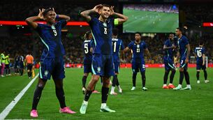<p>Brazil's Bruno Guimaraes celebrates scoring with Endrick in their international friendly against Australia at Suncorp Stadium in Brisbane. Pic: Matt Roberts/Getty Images</p>