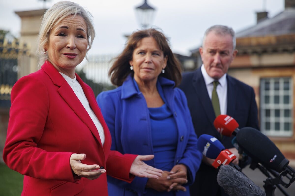 (Left to right) Northern Ireland first minister Michelle O'Neill, Sinn Féin president Mary Lou McDonald and Sinn Féin senator Conor Murphy outside Hillsborough Castle following a meeting with Northern Ireland Secretary Chris Bryant on Monday. Photo: Liam McBurney/PA