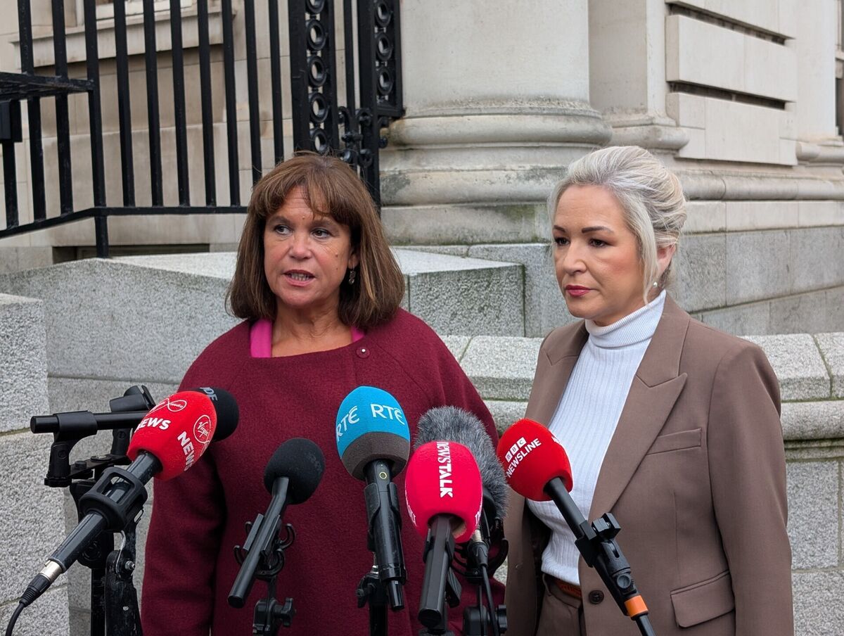 Sinn Fein leader Mary Lou McDonald and deputy leader Michelle O'Neill speaking to reporters before meeting Taoiseach Micheál Martin and Tánaiste Simon Harris at Government Buildings. Picture: Cillian Sherlock/PA Wire Sinn Fein leader Mary Lou McDonald and deputy leader Michelle O'Neill speaking to reporters before meeting Taoiseach Micheál Martin and Tánaiste Simon Harris at Government Buildings. Picture: Cillian Sherlock/PA Wire