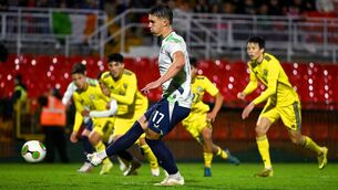 <p>Tommy Lonergan of the Republic of Ireland scores his side's fourth goal from a penalty. Pic: Brendan Moran/Sportsfile</p>