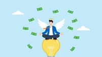 Flat illustration angel investor meditating glowing light bulb wings floating money startup funding visionary leadership wealth