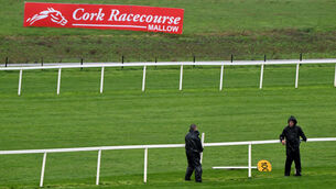 <p>Groundsmen repair a fallen railing as strong winds forced the cancellation of four races at Cork. Pic: Healy Racing</p>