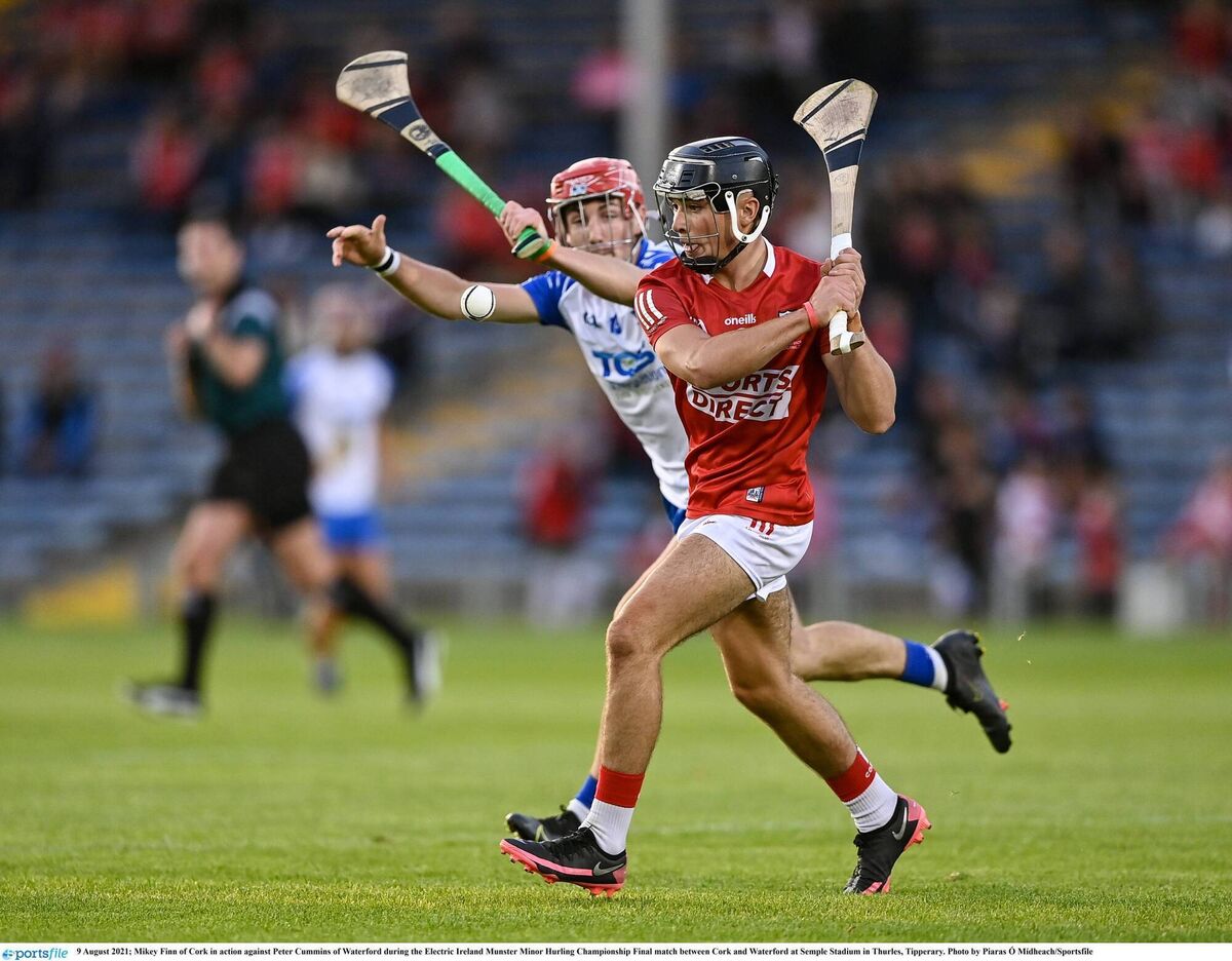 Mikey Finn of Cork in action against Peter Cummins of Waterford during the 2021 Munster MHC final. Pic: Piaras Ó Mídheach/Sportsfile Mikey Finn of Cork in action against Peter Cummins of Waterford during the 2021 Munster MHC final. Pic: Piaras Ó Mídheach/Sportsfile