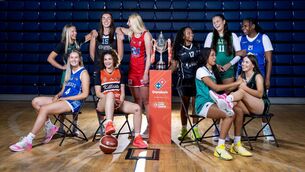 <p>Players from the teams competing in the Domino’s Women’s Super League from (L-R)Trinity Meteors Aisling Moran, SETU Wildcats’ Orla Dullaghan, Glanmire’s Emer Dunne, Killester’s Leilani Turner, Brunell’s Katherine Vaile, UT St Pauls Angelina Robles, Liffey Celtics’ Nya Epps, Limerick Celtics Sabhbh Edwards Murphy, Portlaoise Panthers’ Katie Rose Harrison and Cavan Eagles Darrione Rogers </p>