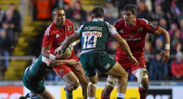 Simon Zebo is tackled by Ben Youngs at Welford Road. Photo: Ramsey Cardy / SPORTSFILE