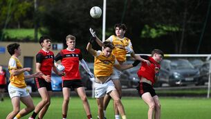 <p class="contextmenu internal_Caption"> Paul Deasy wins possession in midfield for Hamilton Highschool vs Coachford College in the Munster PPS Frewen Cup at Newcestown. Pic: Larry Cummins</p> <p class="contextmenu internal_Caption"> Paul Deasy wins possession in midfield for Hamilton Highschool vs Coachford College in the Munster PPS Frewen Cup at Newcestown. Pic: Larry Cummins</p>