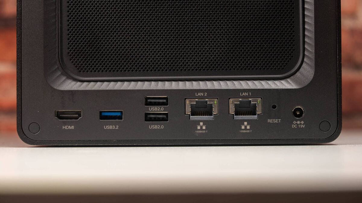 Around the back is a comprehensive selection of ports, including HDMI, 3 USB-A ports, and two 10GbE LAN ports. Picture: Noel Campion