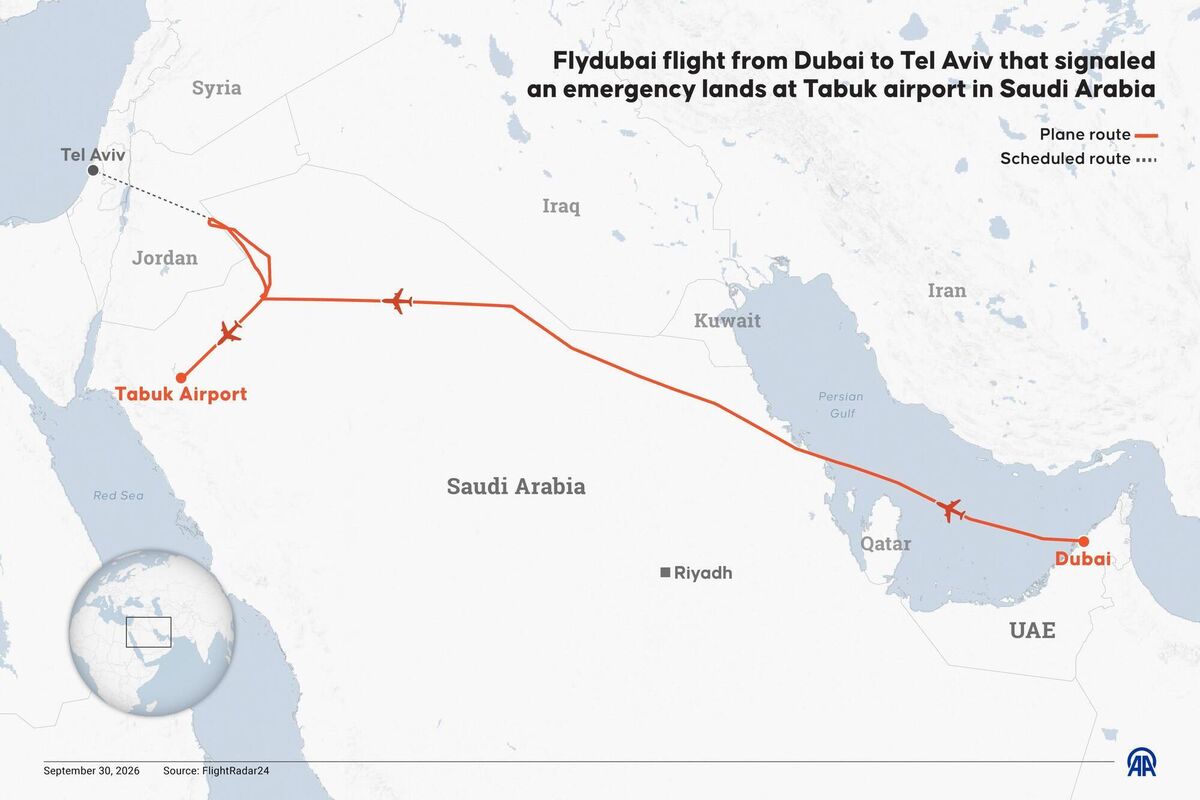 A fight between the pilots of a passenger plane flying from Dubai to Tel Aviv reportedly triggered a hijacking code before the aircraft landed in Saudi Arabia. (Photo by Mehmet Yaren Bozgun/Anadolu via Getty Images)